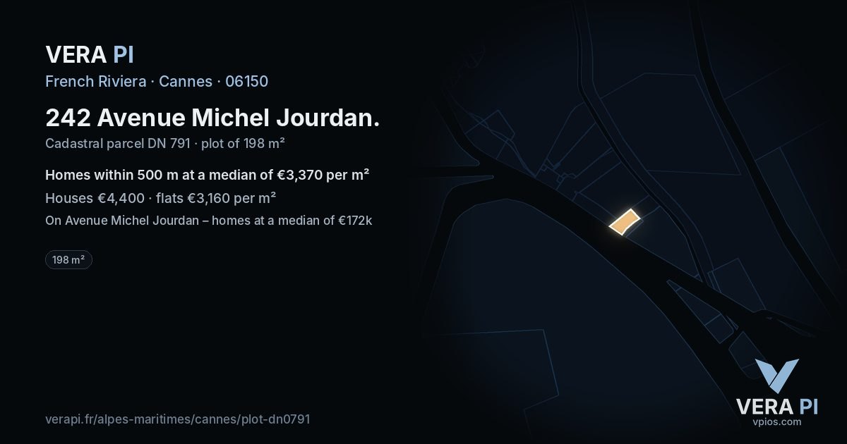 242 Avenue Michel Jourdan, Cannes at night – the plot lit, the parcels around coloured by the prices near them