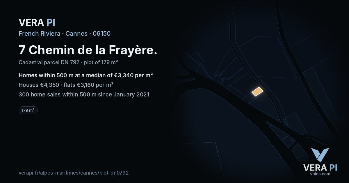 7 Chemin de la Frayère, Cannes at night – the plot lit, the parcels around coloured by the prices near them