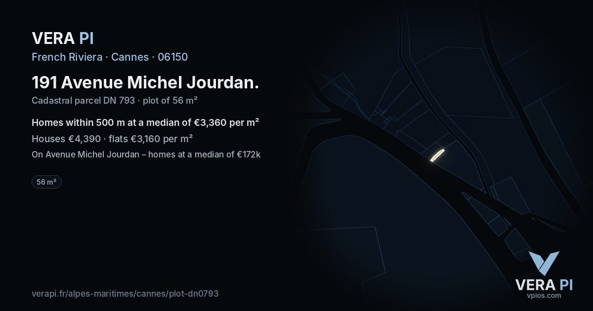 191 Avenue Michel Jourdan, Cannes at night – the plot lit, the parcels around coloured by the prices near them