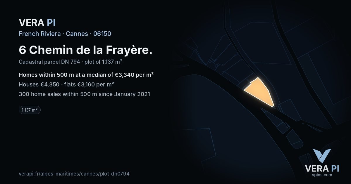 6 Chemin de la Frayère, Cannes at night – the plot lit, the parcels around coloured by the prices near them