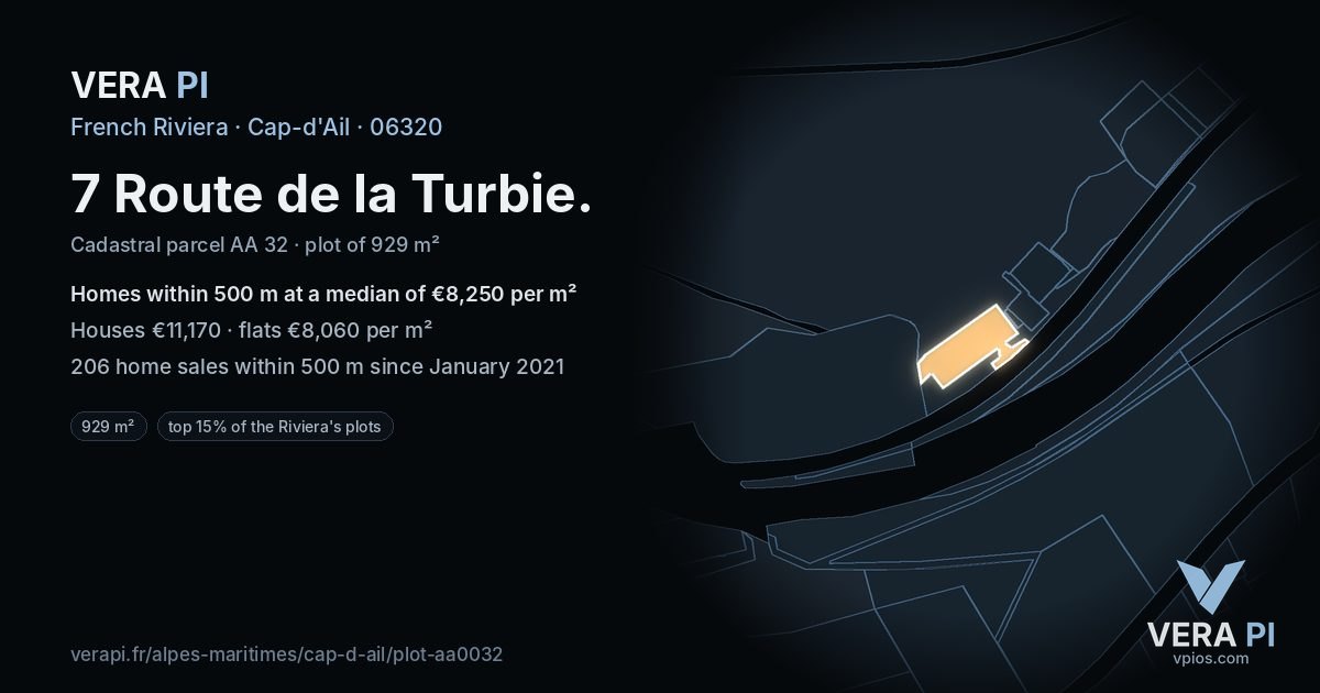 7 Route de la Turbie, Cap-d'Ail at night – the plot lit, the parcels around coloured by the prices near them