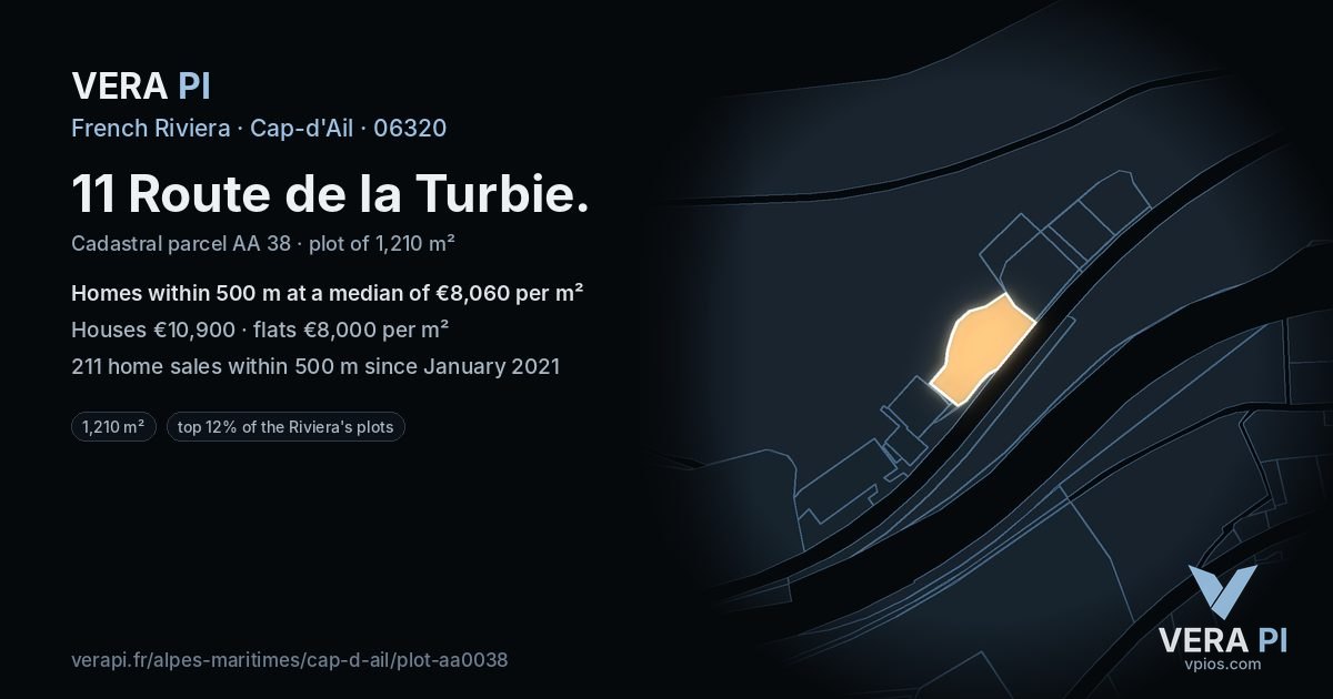 11 Route de la Turbie, Cap-d'Ail at night – the plot lit, the parcels around coloured by the prices near them
