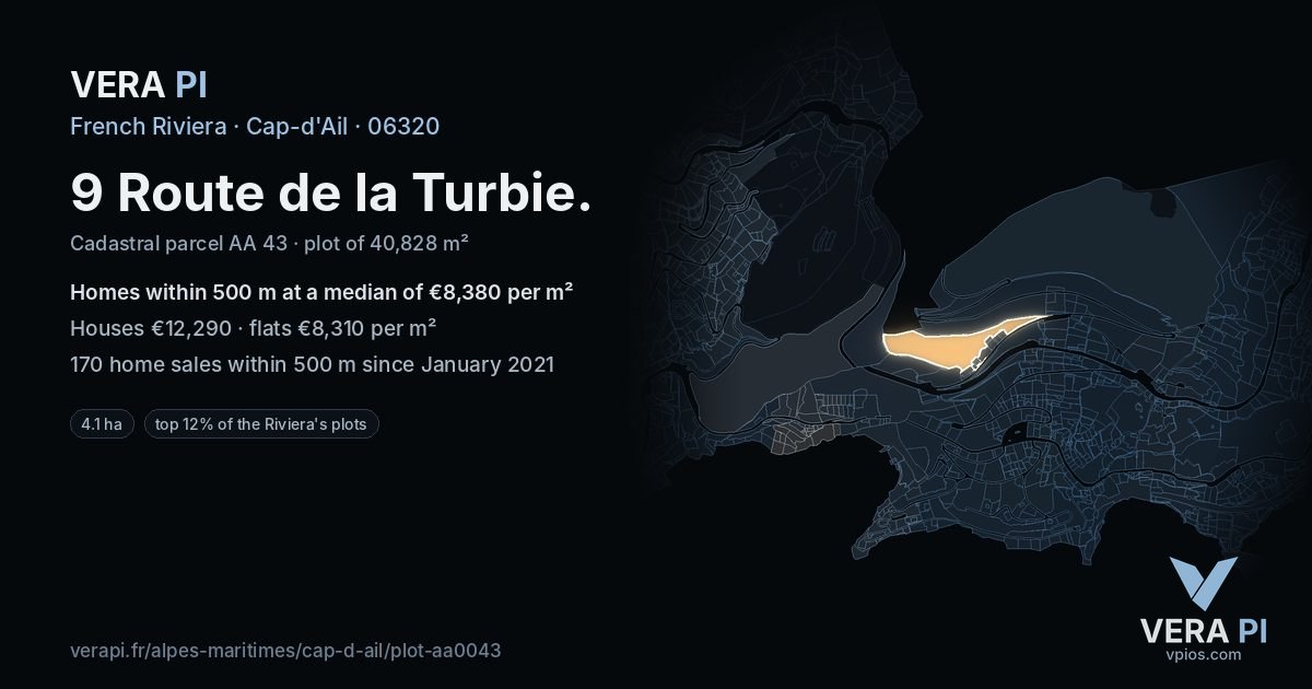 9 Route de la Turbie, Cap-d'Ail at night – the plot lit, the parcels around coloured by the prices near them