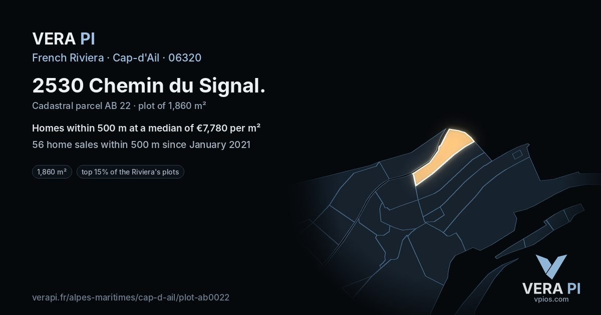 2530 Chemin du Signal, Cap-d'Ail at night – the plot lit, the parcels around coloured by the prices near them