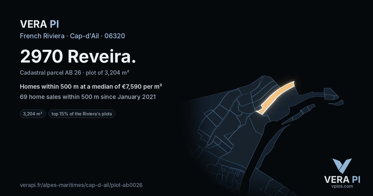 2970 Reveira, Cap-d'Ail at night – the plot lit, the parcels around coloured by the prices near them