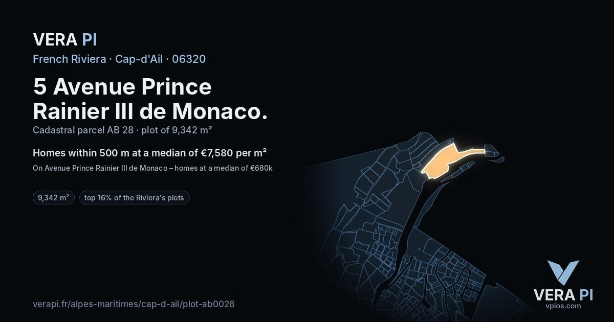 5 Avenue Prince Rainier III de Monaco, Cap-d'Ail at night – the plot lit, the parcels around coloured by the prices near them