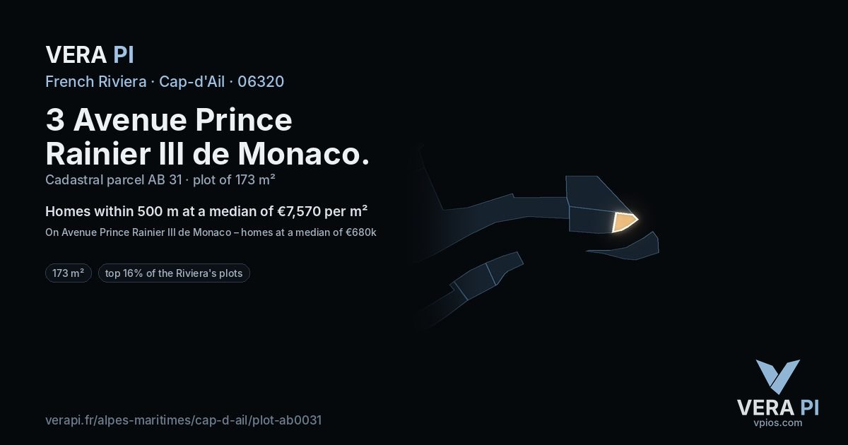 3 Avenue Prince Rainier III de Monaco, Cap-d'Ail at night – the plot lit, the parcels around coloured by the prices near them