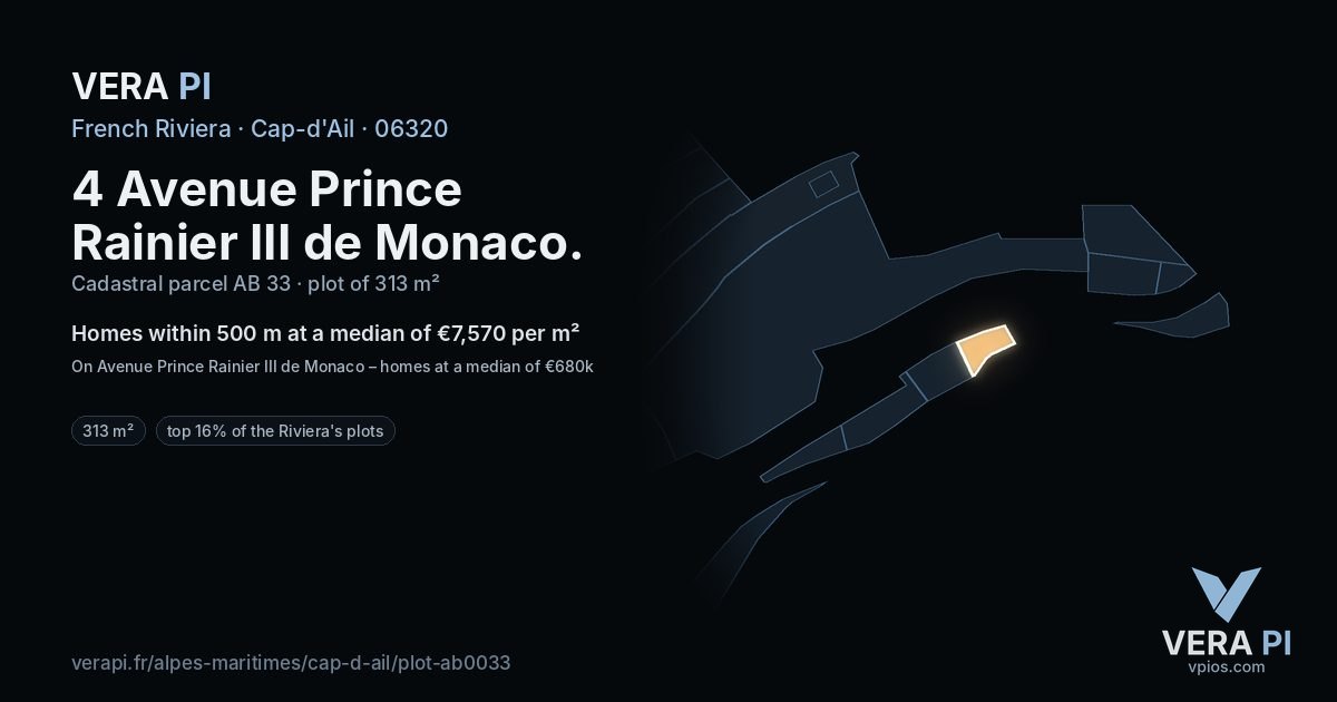 4 Avenue Prince Rainier III de Monaco, Cap-d'Ail at night – the plot lit, the parcels around coloured by the prices near them