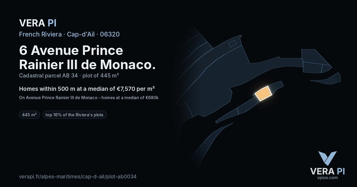 6 Avenue Prince Rainier III de Monaco, Cap-d'Ail at night – the plot lit, the parcels around coloured by the prices near them