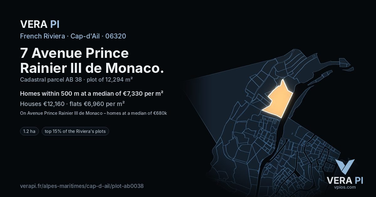 7 Avenue Prince Rainier III de Monaco, Cap-d'Ail at night – the plot lit, the parcels around coloured by the prices near them