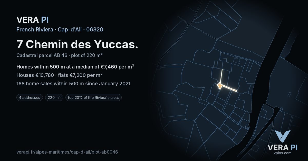 7 Chemin des Yuccas, Cap-d'Ail at night – the plot lit, the parcels around coloured by the prices near them
