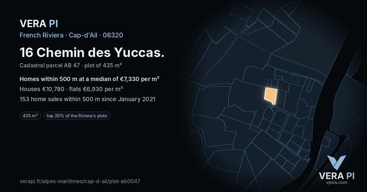 16 Chemin des Yuccas, Cap-d'Ail at night – the plot lit, the parcels around coloured by the prices near them