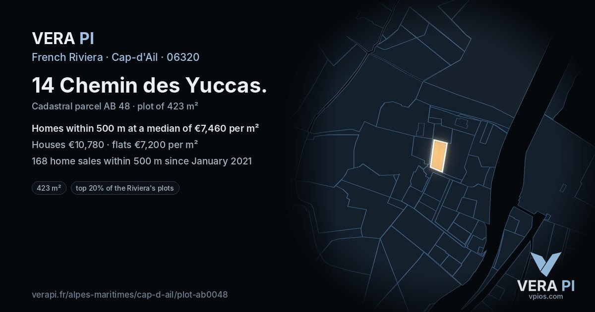 14 Chemin des Yuccas, Cap-d'Ail at night – the plot lit, the parcels around coloured by the prices near them