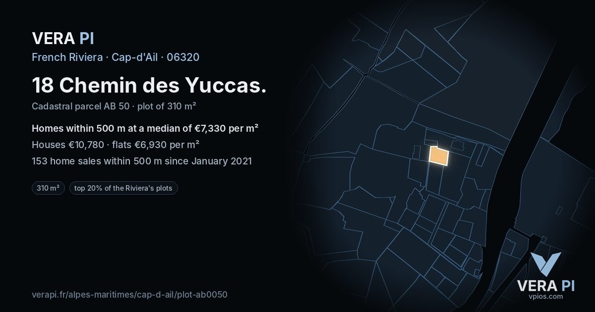 18 Chemin des Yuccas, Cap-d'Ail at night – the plot lit, the parcels around coloured by the prices near them