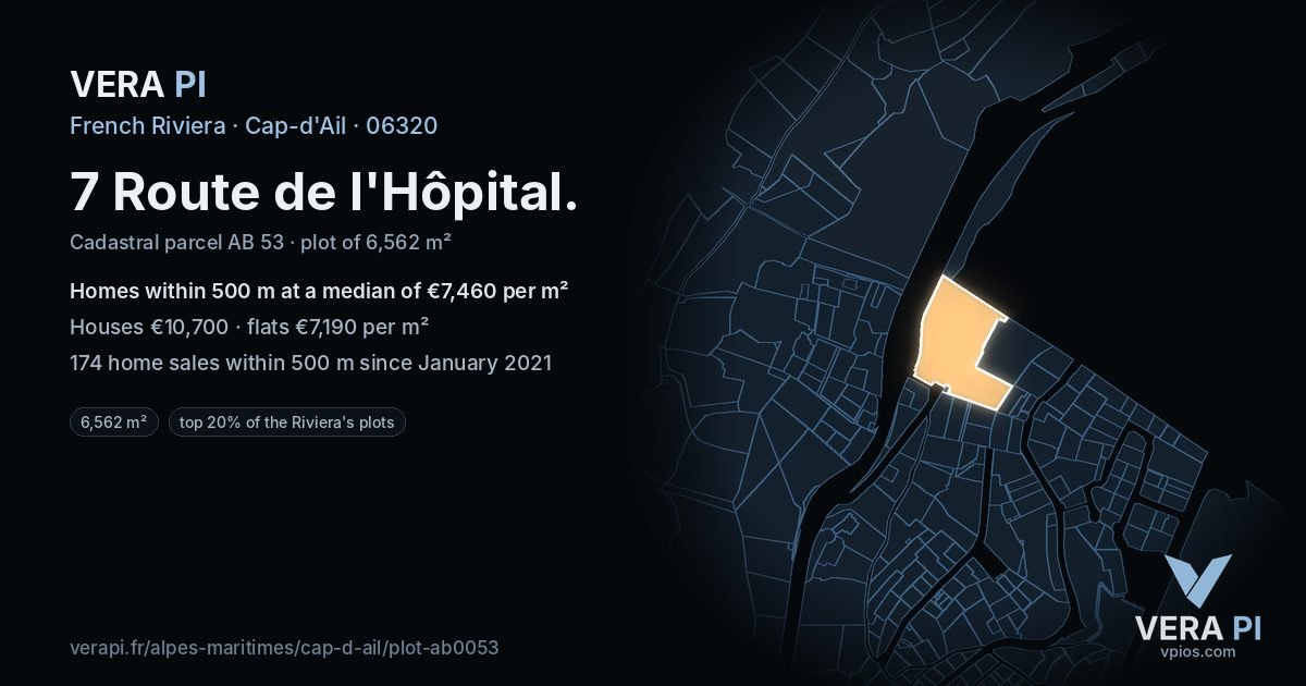 7 Route de l'Hôpital, Cap-d'Ail at night – the plot lit, the parcels around coloured by the prices near them