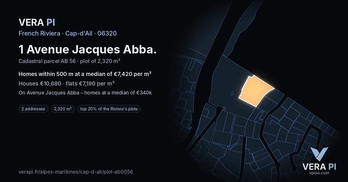 1 Avenue Jacques Abba, Cap-d'Ail at night – the plot lit, the parcels around coloured by the prices near them
