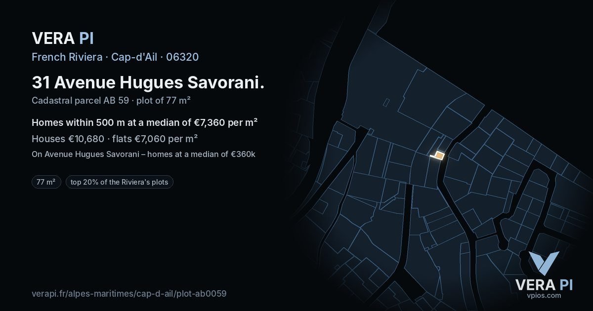 31 Avenue Hugues Savorani, Cap-d'Ail at night – the plot lit, the parcels around coloured by the prices near them