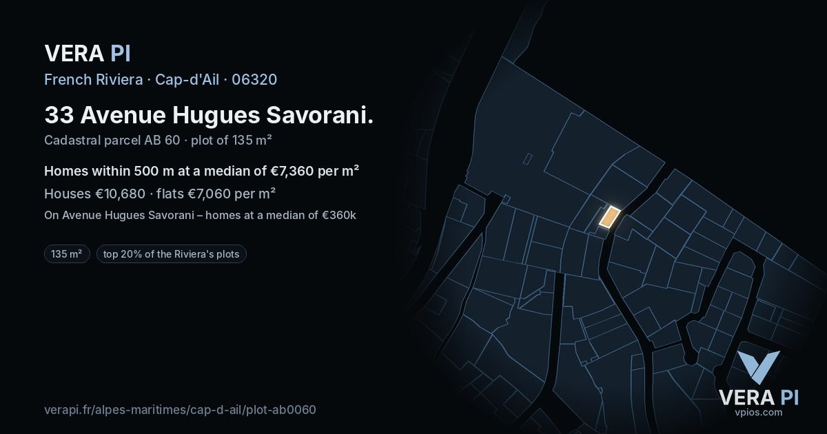33 Avenue Hugues Savorani, Cap-d'Ail at night – the plot lit, the parcels around coloured by the prices near them