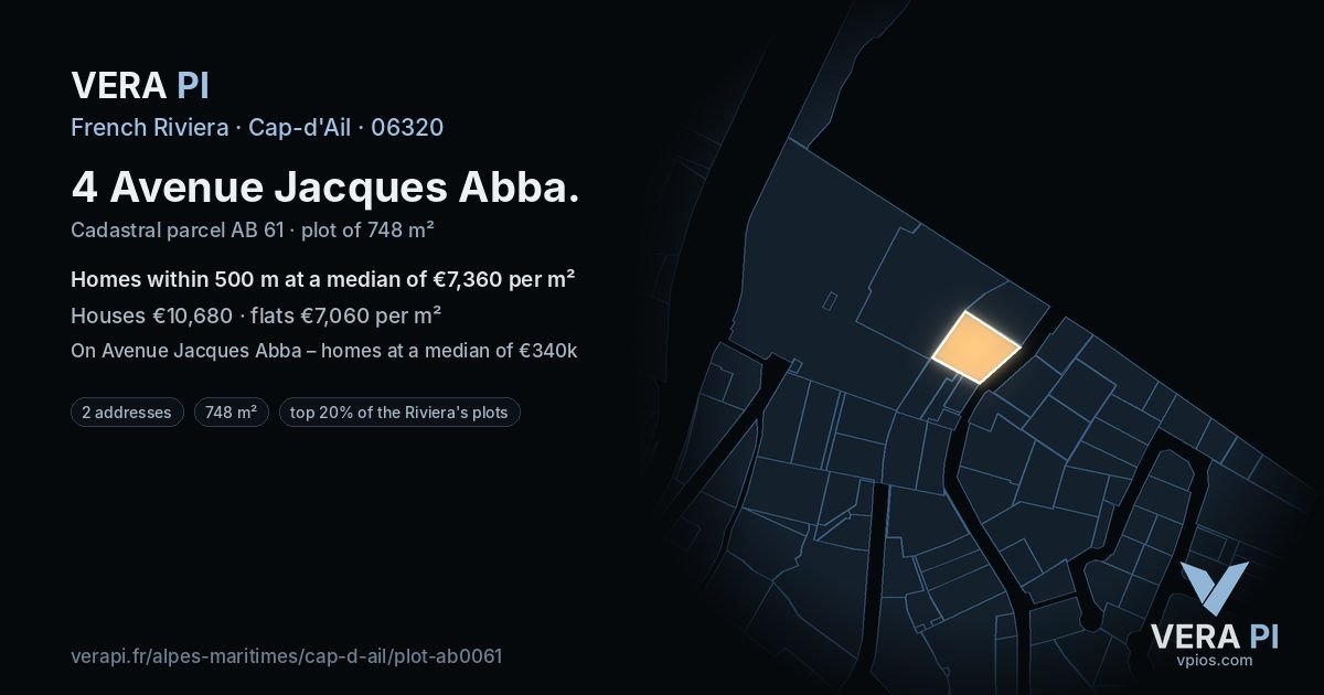 4 Avenue Jacques Abba, Cap-d'Ail at night – the plot lit, the parcels around coloured by the prices near them
