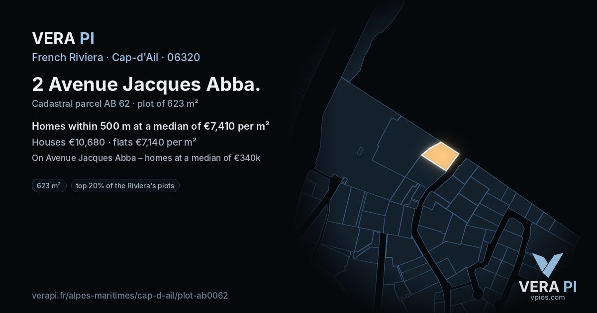 2 Avenue Jacques Abba, Cap-d'Ail at night – the plot lit, the parcels around coloured by the prices near them