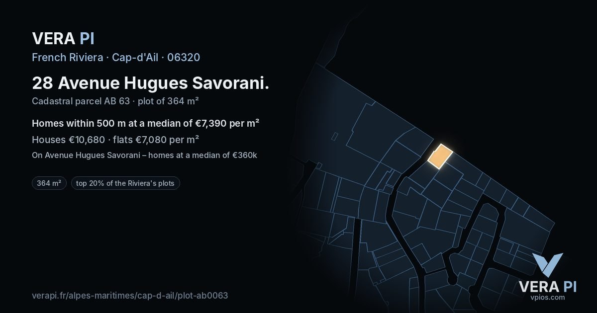 28 Avenue Hugues Savorani, Cap-d'Ail at night – the plot lit, the parcels around coloured by the prices near them