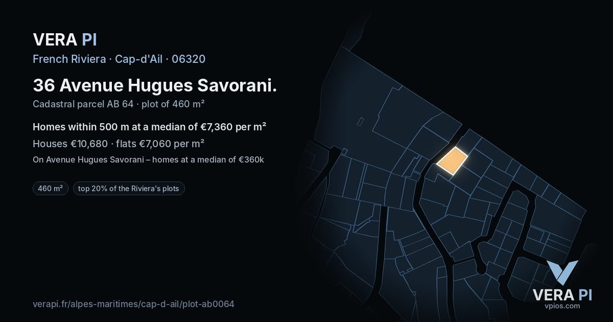 36 Avenue Hugues Savorani, Cap-d'Ail at night – the plot lit, the parcels around coloured by the prices near them
