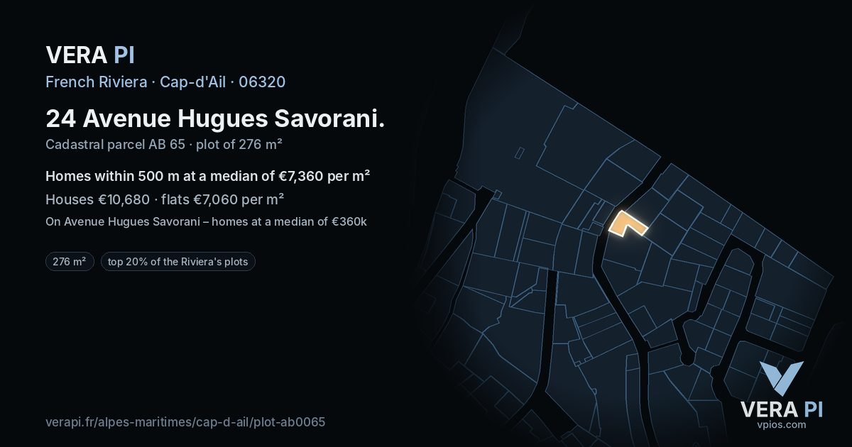 24 Avenue Hugues Savorani, Cap-d'Ail at night – the plot lit, the parcels around coloured by the prices near them