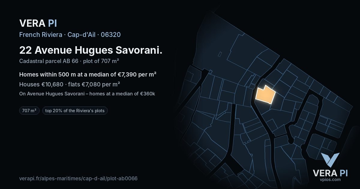 22 Avenue Hugues Savorani, Cap-d'Ail at night – the plot lit, the parcels around coloured by the prices near them