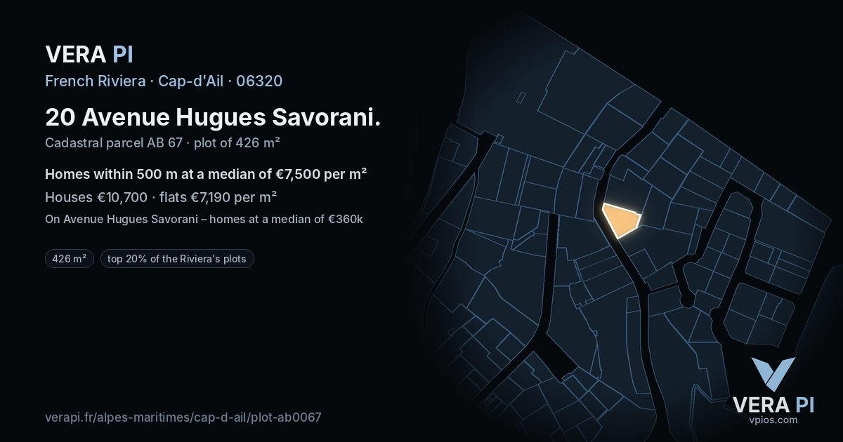 20 Avenue Hugues Savorani, Cap-d'Ail at night – the plot lit, the parcels around coloured by the prices near them