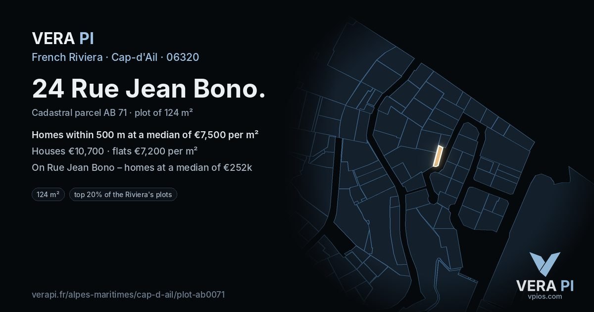 24 Rue Jean Bono, Cap-d'Ail at night – the plot lit, the parcels around coloured by the prices near them