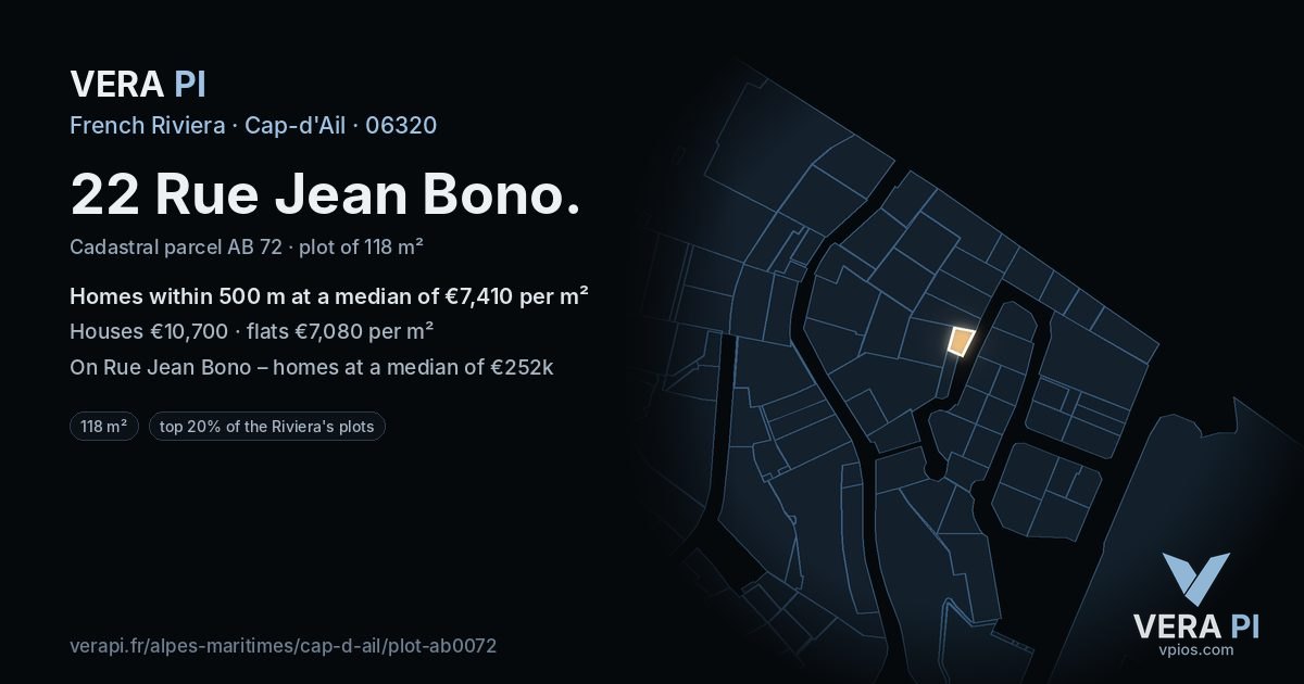 22 Rue Jean Bono, Cap-d'Ail at night – the plot lit, the parcels around coloured by the prices near them