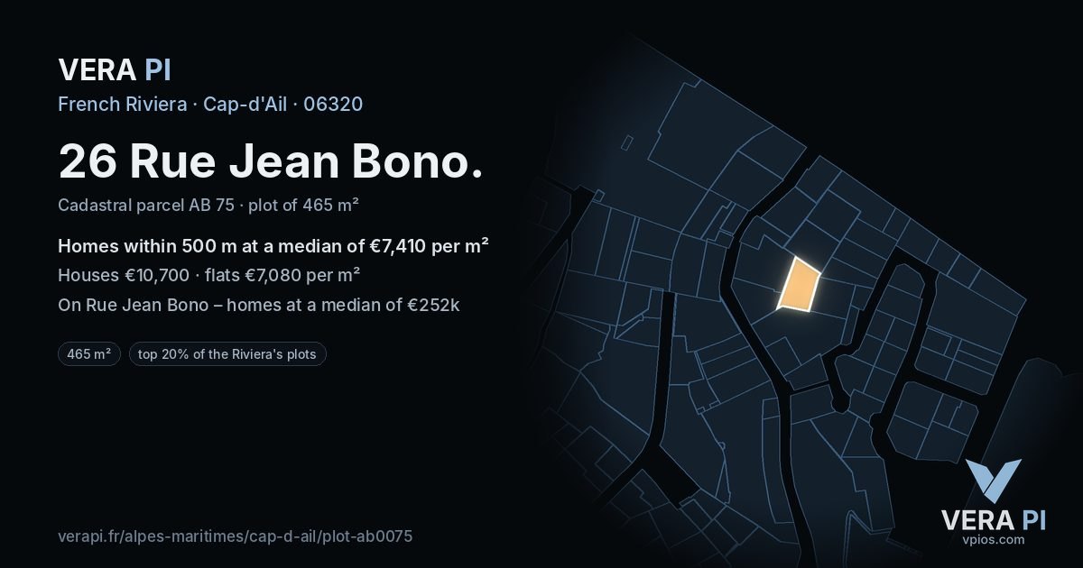 26 Rue Jean Bono, Cap-d'Ail at night – the plot lit, the parcels around coloured by the prices near them