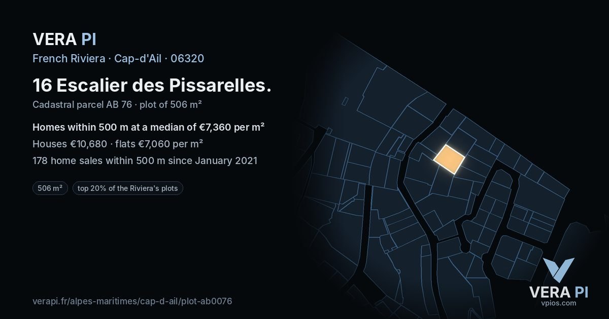 16 Escalier des Pissarelles, Cap-d'Ail at night – the plot lit, the parcels around coloured by the prices near them