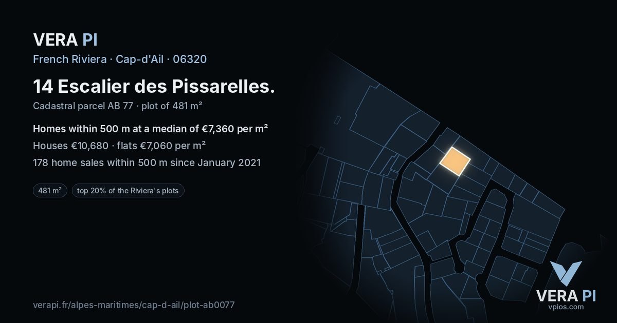 14 Escalier des Pissarelles, Cap-d'Ail at night – the plot lit, the parcels around coloured by the prices near them