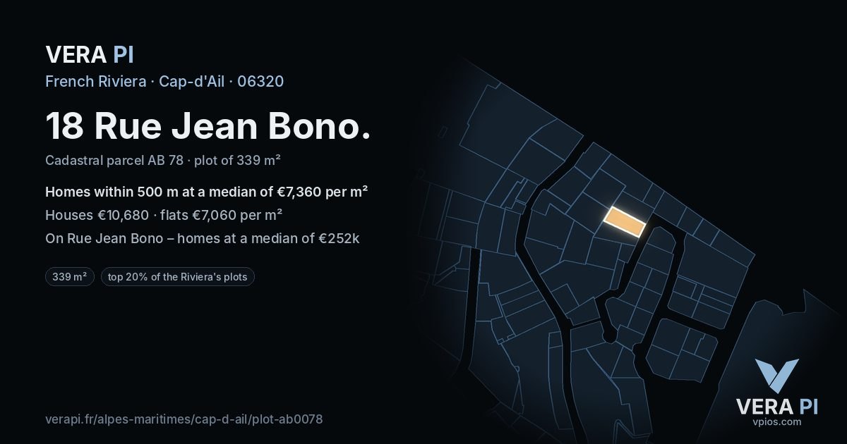 18 Rue Jean Bono, Cap-d'Ail at night – the plot lit, the parcels around coloured by the prices near them