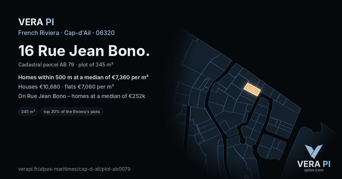 16 Rue Jean Bono, Cap-d'Ail at night – the plot lit, the parcels around coloured by the prices near them
