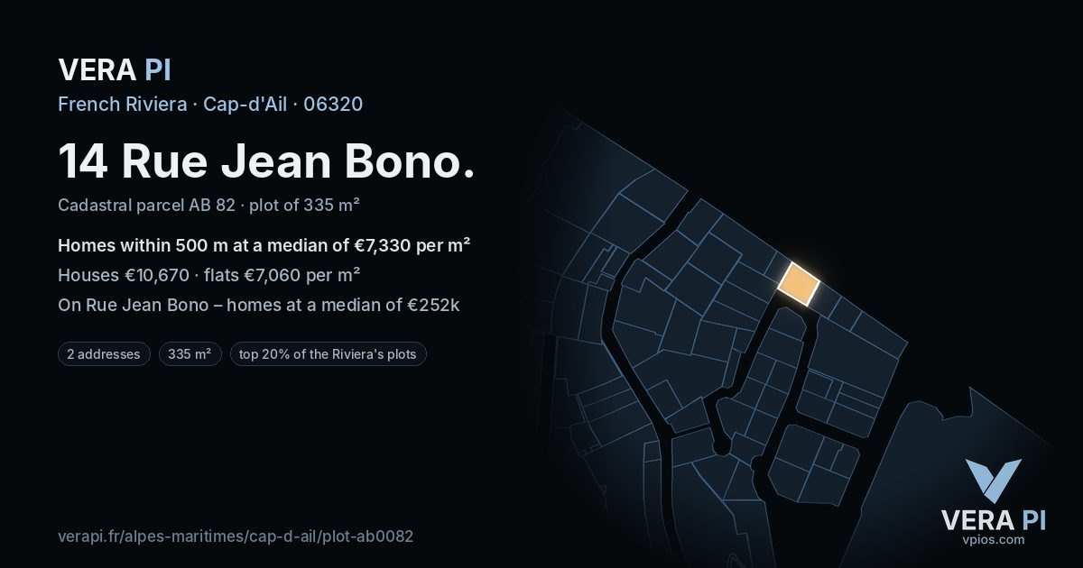 14 Rue Jean Bono, Cap-d'Ail at night – the plot lit, the parcels around coloured by the prices near them