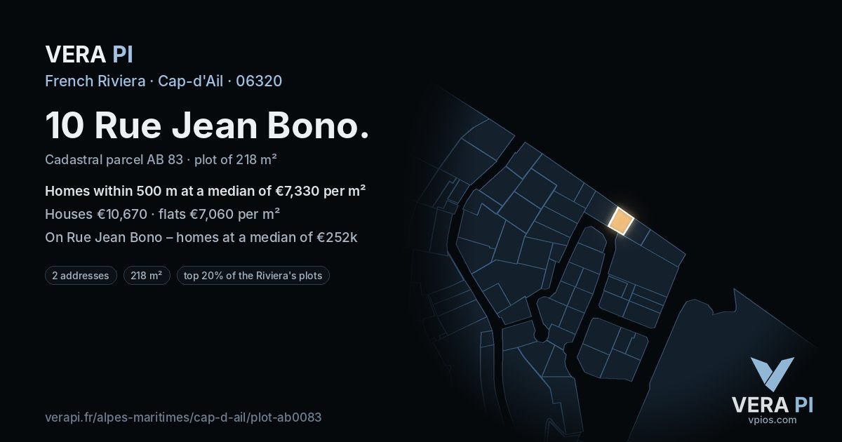 10 Rue Jean Bono, Cap-d'Ail at night – the plot lit, the parcels around coloured by the prices near them