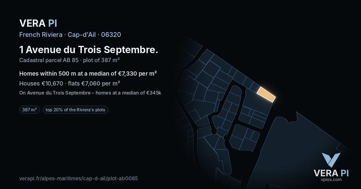 1 Avenue du Trois Septembre, Cap-d'Ail at night – the plot lit, the parcels around coloured by the prices near them