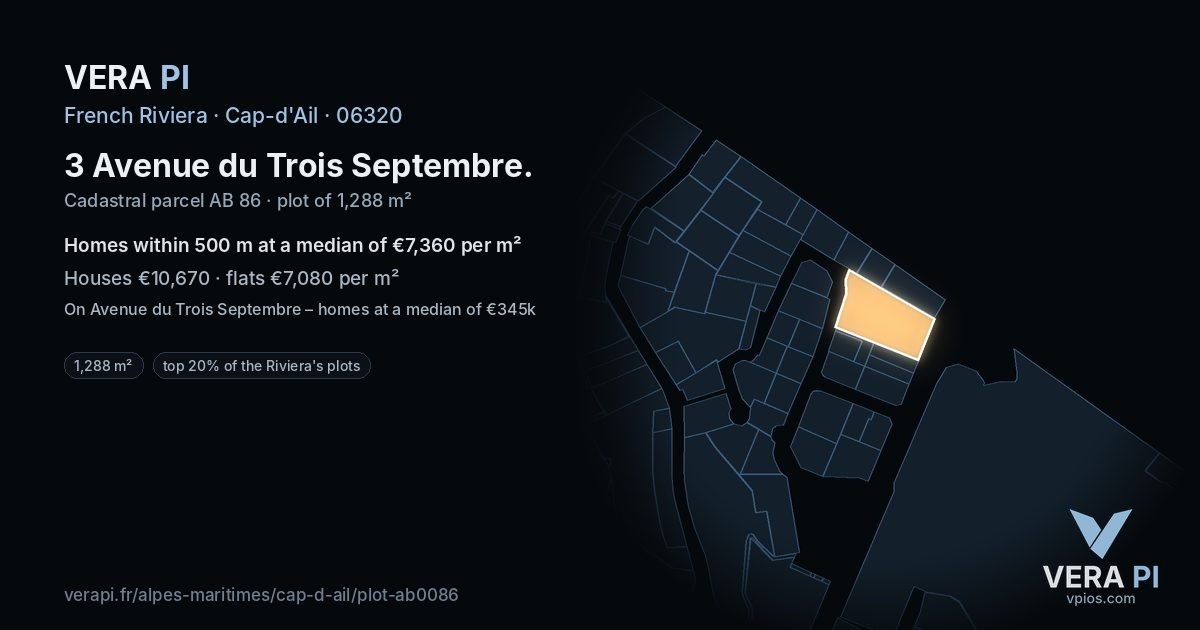 3 Avenue du Trois Septembre, Cap-d'Ail at night – the plot lit, the parcels around coloured by the prices near them