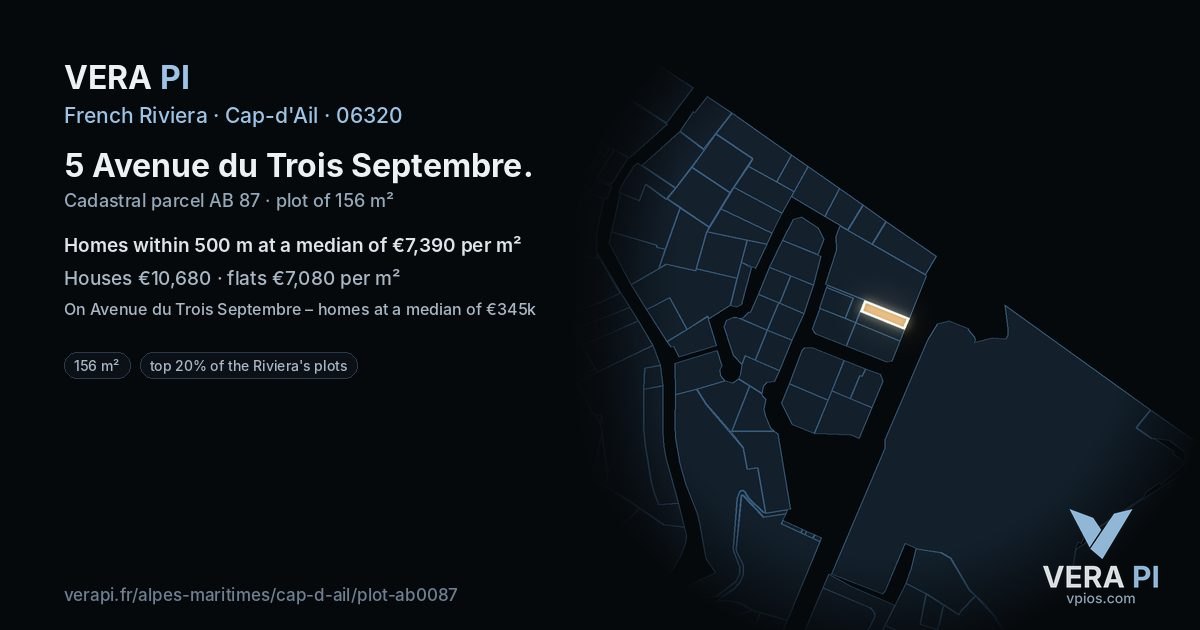 5 Avenue du Trois Septembre, Cap-d'Ail at night – the plot lit, the parcels around coloured by the prices near them