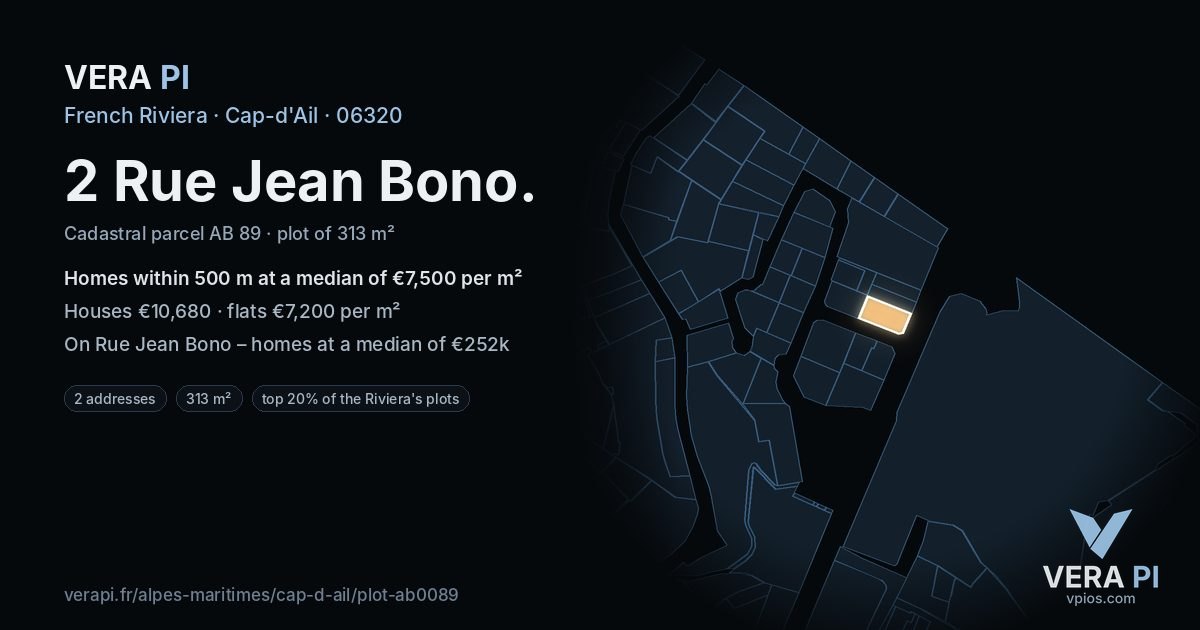 2 Rue Jean Bono, Cap-d'Ail at night – the plot lit, the parcels around coloured by the prices near them