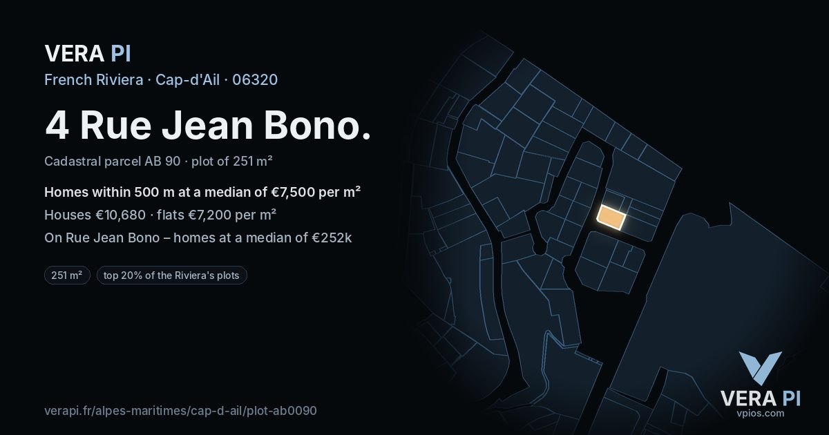 4 Rue Jean Bono, Cap-d'Ail at night – the plot lit, the parcels around coloured by the prices near them