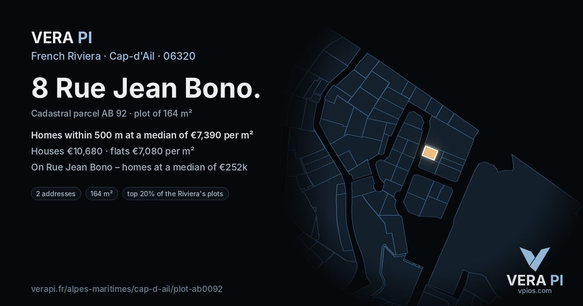 8 Rue Jean Bono, Cap-d'Ail at night – the plot lit, the parcels around coloured by the prices near them
