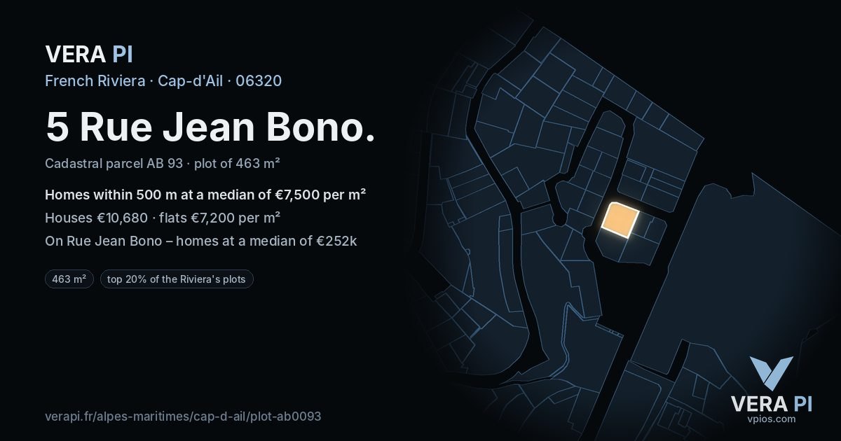 5 Rue Jean Bono, Cap-d'Ail at night – the plot lit, the parcels around coloured by the prices near them