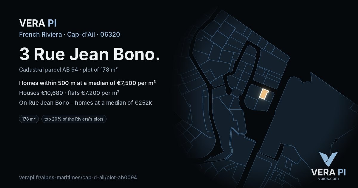 3 Rue Jean Bono, Cap-d'Ail at night – the plot lit, the parcels around coloured by the prices near them