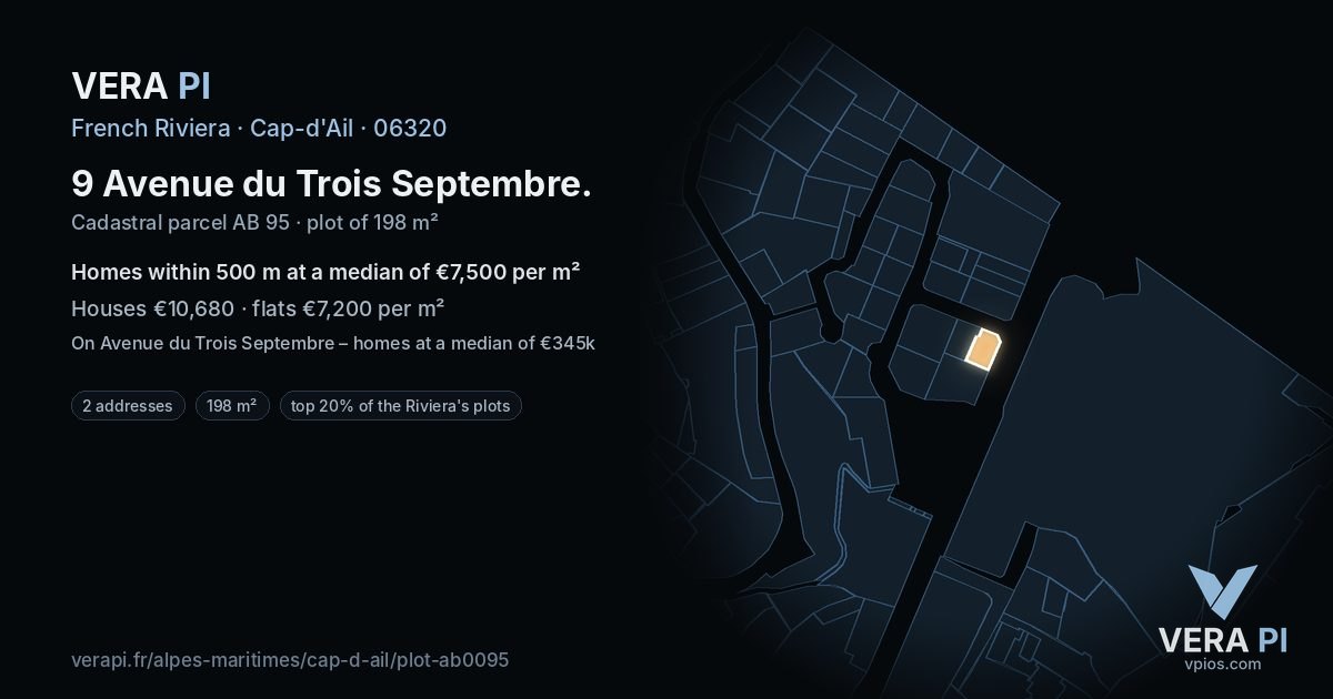 9 Avenue du Trois Septembre, Cap-d'Ail at night – the plot lit, the parcels around coloured by the prices near them