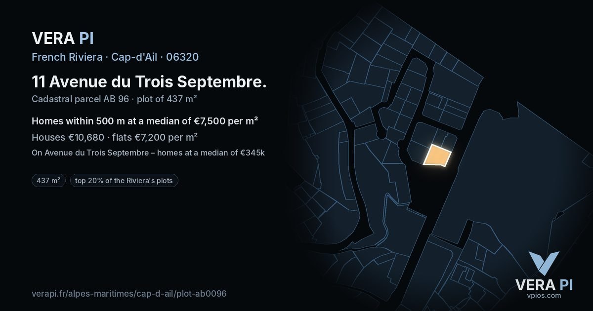 11 Avenue du Trois Septembre, Cap-d'Ail at night – the plot lit, the parcels around coloured by the prices near them