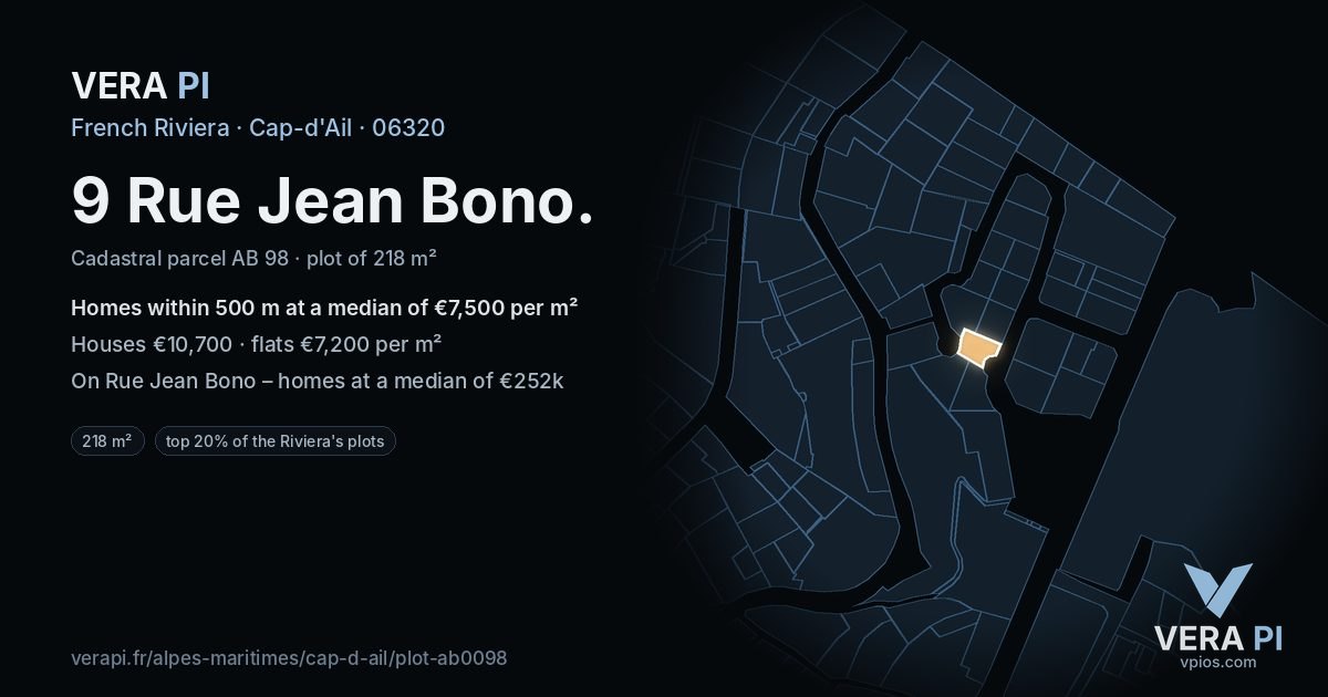 9 Rue Jean Bono, Cap-d'Ail at night – the plot lit, the parcels around coloured by the prices near them
