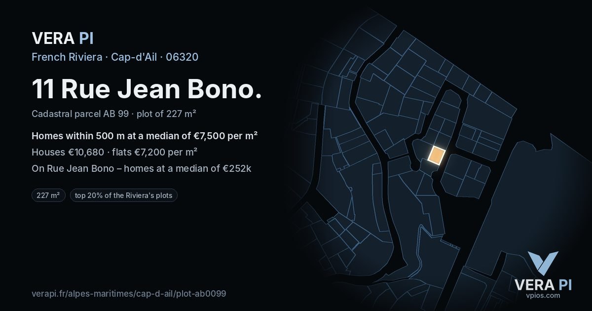 11 Rue Jean Bono, Cap-d'Ail at night – the plot lit, the parcels around coloured by the prices near them
